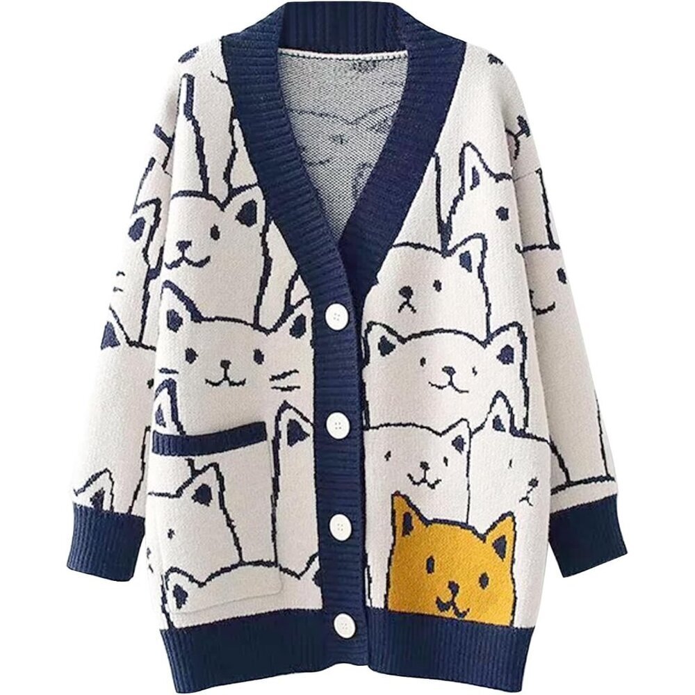 Women’s Oversized Knit Cat Sweater Chunky Button Cardigan Cute Kawaii Fall